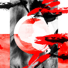 Watercolor abstract spot of red, black. Fire on a white background. Beautiful watercolor flames. A circular abstract spot. Stop virus infection spreading through the worls. Black, red paint splash. - 756581213