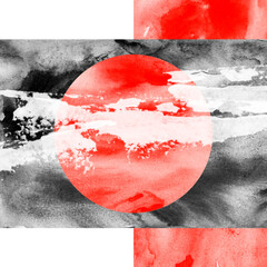Watercolor abstract spot of red, black. Fire on a white background. Beautiful watercolor flames. A circular abstract spot. Stop virus infection spreading through the worls. Black, red paint splash. - 756581231
