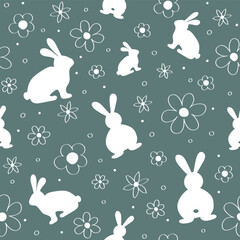 Easter seamless pattern. Design of background with bunnies and flowers. Vector illustration
