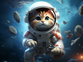 a cartoon animation of a space cat with space suit - obrazy, fototapety, plakaty