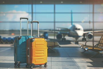 Suitcases at the airport in front of a window with a plane taking off. Travel concept.
