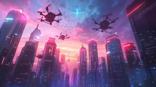 Advanced drones flying in formation above a bustling city during twilight, depicting futuristic transportation and surveillance.