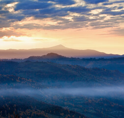 Morning fog in autumn Carpathian.