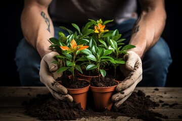 Close-up of hands holding green and orange plants over a pot ready for planting - obrazy, fototapety, plakaty
