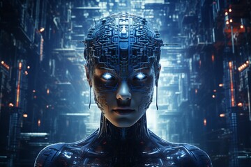 Cybernetic intelligence awakening within a labyrinth of smart circuits - obrazy, fototapety, plakaty
