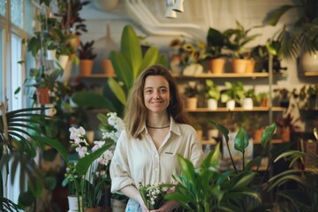 realistic photo of the flower shop with plants, standing at the counter working, smiling,