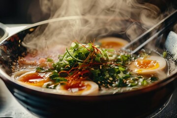 Steaming ramen bowl a harmony of flavors and aromas a comfort to the soul and senses
