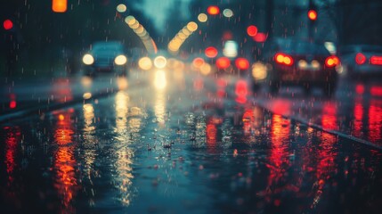 A rainy urban street at night, with vibrant reflections of city lights on the wet surface creating a moody atmosphere. - obrazy, fototapety, plakaty