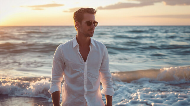 A young European tourist strolls along the beach wearing a white dress and sunglasses. Ai generate.