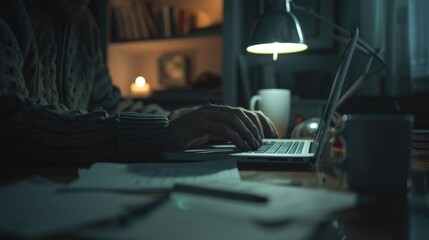 A focused individual working late at night in a dimly lit room with a laptop, a warm lamp glow, and a cup of coffee on the desk.