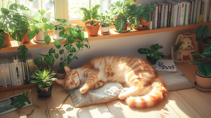 Cozy isometric 3D scene of a cat napping in a sunlit room filled with plants and books radiating tranquility