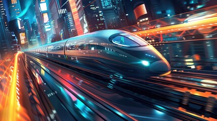 A futuristic high-speed train races through a neon-lit cityscape, creating a blur of light and motion.