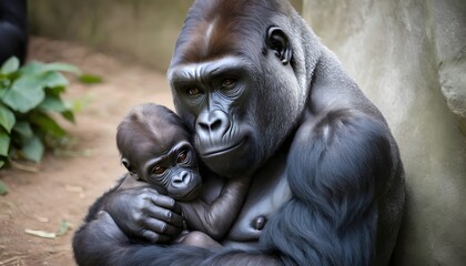 A Mother Gorilla Tenderly Cradling Her Newborn Bab - obrazy, fototapety, plakaty