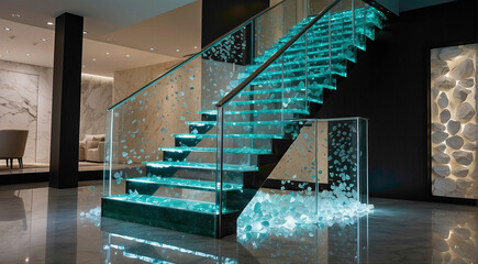 Glassy stairs ascend gracefully, their transparent steps seemingly suspended in mid-air, inviting...