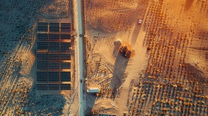 Aerial shot of a vast solar panel installation in a desert environment, symbolizing sustainable energy and technological advancement.