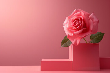 Pedestal or podium with flowers decoration on a pink background. 