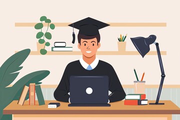 Online education concept. Young man in graduation cap and gown using laptop.