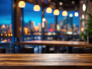 Wooden cafe table bokeh background, empty wood desk, restaurant tabletop counter in a bar or coffee shop surface product display mockup with blurry city lights backdrop presentation. Mock-up