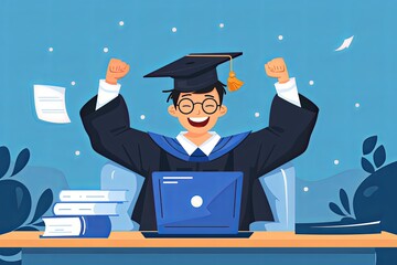 Obraz premium Online education concept. Young man in graduation cap and gown celebrating white using laptop.