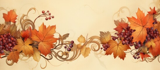 Naklejka na ściany i meble Autumn leaves and vine berries with ornate floral design. Natural seasonal background for equinox. Text space available.