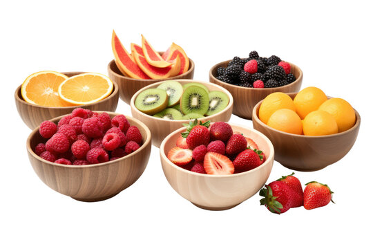 Colorful fruit bowls filled with seasonal fruits Served on a wooden table Take photos from a wide angle Isolated on a transparent background.