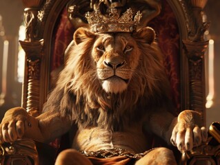 A majestic throne room scene with a lion king adorned with a gleaming crown and royal robe seated regally on his throne