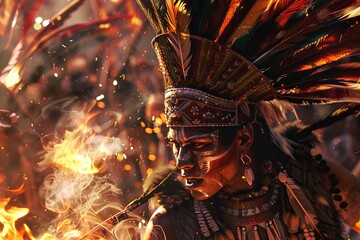 Close up of Aztec dancers feathered headdresses intense expressions fire torches lighting the scene