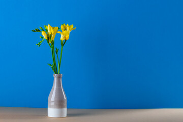 bouquet of yellow tulips in a vase on a blue background