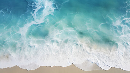 High angle view of sand beach and blue turquoise sea wave - obrazy, fototapety, plakaty