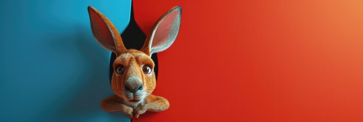 3D cartoon  kangaroo with gloves peeking from behind a hole in a  red and blue wall