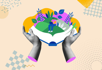 Human hands open book study concept in retro collage vector illustration