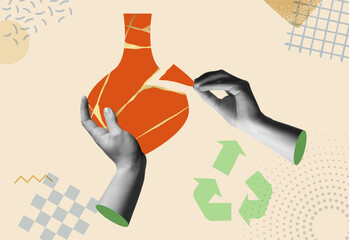 Human hands repair Kintsugi pottery vase in collage vector illustration