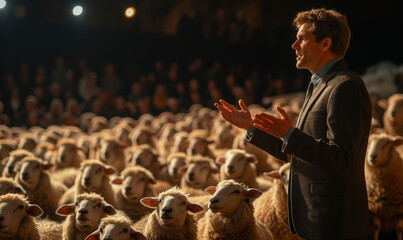 Political campaign satire with politician giving speech to a flock of sheep - obrazy, fototapety, plakaty