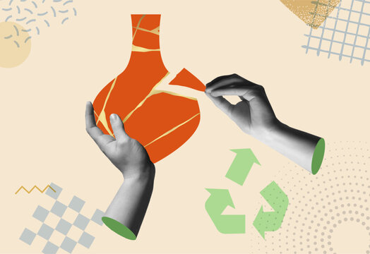 Human hands repair Kintsugi pottery vase in collage vector illustration