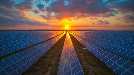 Solar panel farm in sunset landscape - obrazy, fototapety, plakaty