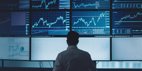 Trader analyzing stock market indicators,  investment strategy, financial data and charts background