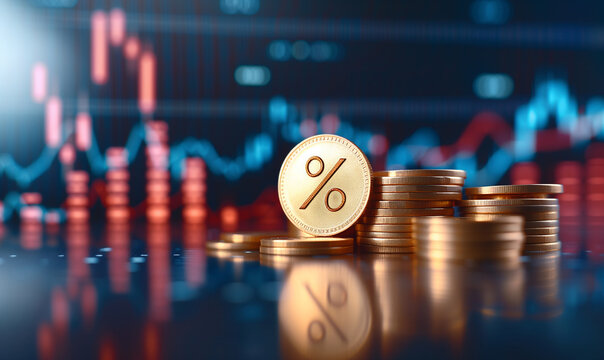 Stacks of coins and percentage symbol showing idea of interest rates and value appreciation