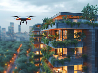 Drone flying over city building with modern designs and garden
