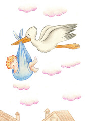 Freehand drawing on paper of stork with baby