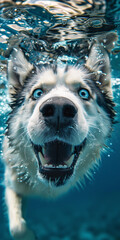 Underwater view of a playful happy Siberian Huskey