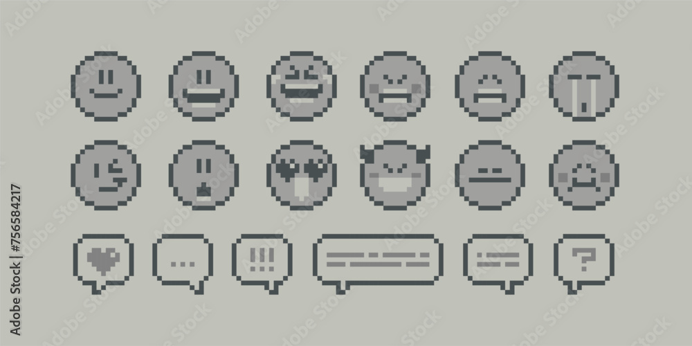 Poster 8-bit pixel emotions icons in retro video game style (vector pixel graphics). funny geek emoticons i