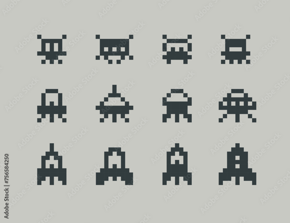 Poster 8 bit arcade game elements with icons (pixel art vector). ufo aliens, space ships, rockets silhuette