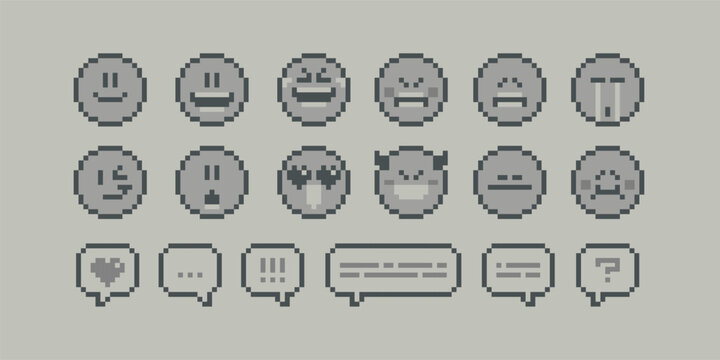 8-bit Pixel emotions icons in retro video game style (vector pixel graphics). Funny Geek emoticons in flat style. Pixel art set of emoticon face icons in 8 bit video game style
