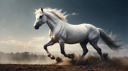 Obraz na płótnie Canvas White horse running on the ground