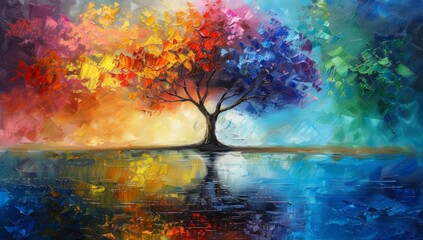 Abstract oil painting of a tree with colorful leaves in the middle on a water background Generative AI