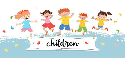 Obraz premium Vector illustration of colorful happy children jumping on a banner with the words 