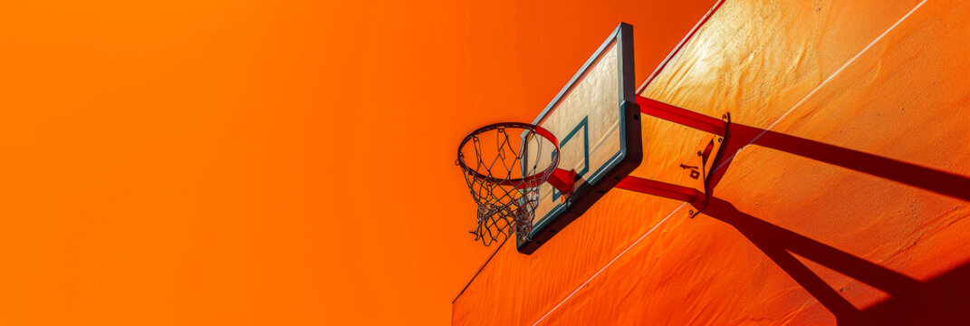 The shadow of a basketball hoop is cast on a vibrant orange wall. The silhouette of the hoop and net creates a striking image against the bright background