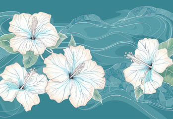 three white flowers with green leaves on a blue background