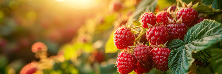 A photo capturing ripe raspberries growing on a bush with the sun shining in the background. The red berries stand out against the green leaves, basking in the sunlight - obrazy, fototapety, plakaty