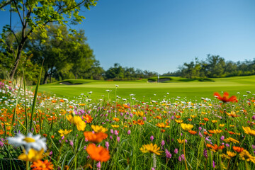 A picturesque golf green nestled among a vibrant mix of wildflowers, offering a striking contrast between manicured perfection and natural splendor - obrazy, fototapety, plakaty